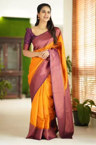 embellished gold  self design pure art silk blend multicolor saree with unstitched blouse