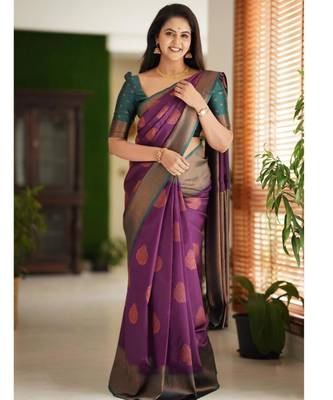 purple woven silk cotton saree with unstitched blouse 1