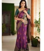 trendy purple woven silk cotton bollywood saree with unstitched blouse