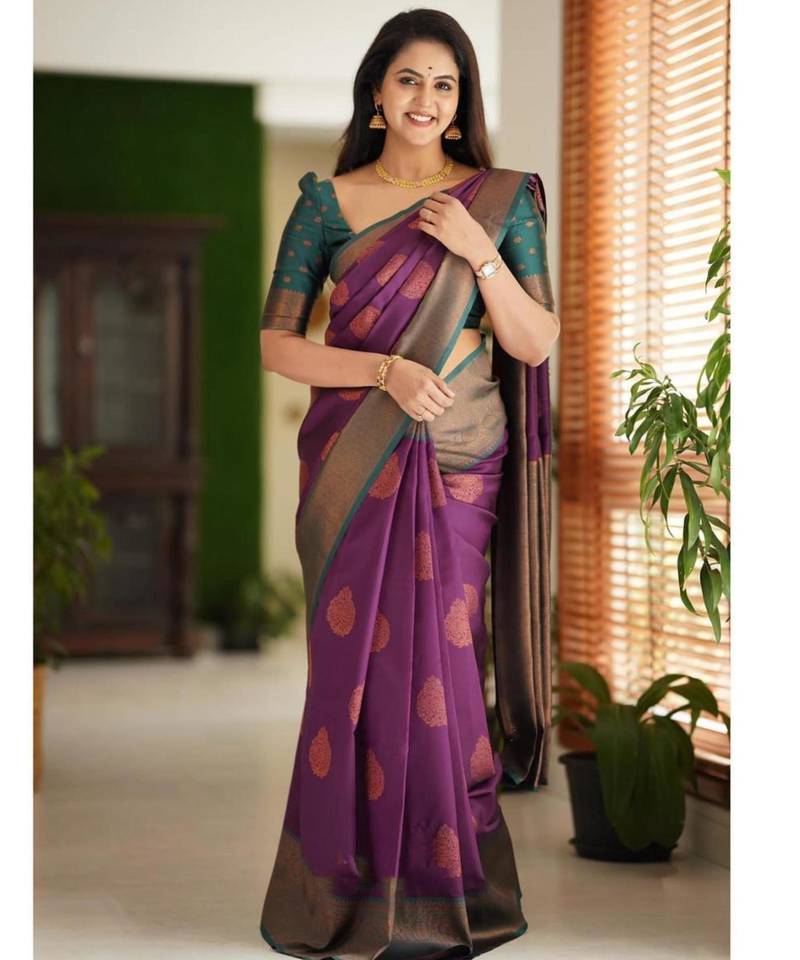 trendy purple woven silk cotton bollywood saree with unstitched blouse
