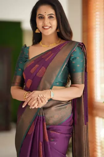  purple woven silk cotton saree with unstitched blouse