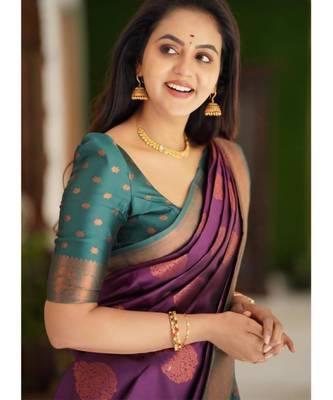  purple woven silk cotton saree with unstitched blouse 4