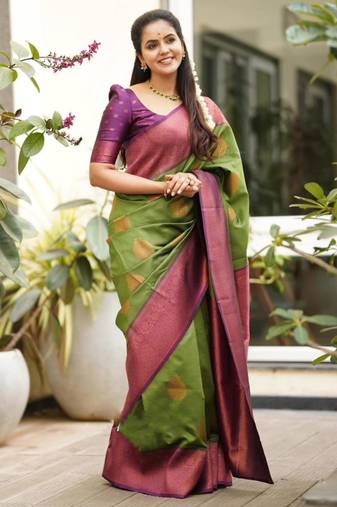 traditional mehendi jacquard south silk fancy saree with unstitched blouse