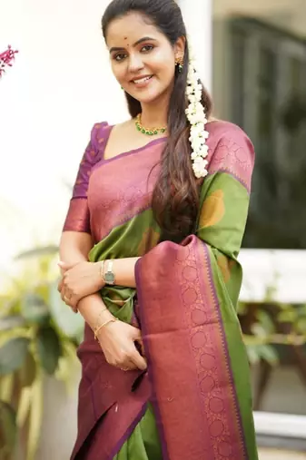  mehendi jacquard south silk fancy saree with unstitched blouse