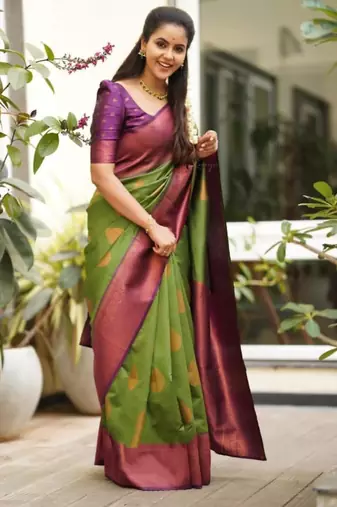  mehendi jacquard south silk fancy saree with unstitched blouse