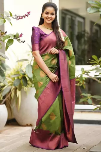  mehendi jacquard south silk fancy saree with unstitched blouse