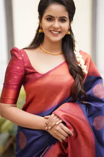 elegance navy blue banarasi art art silk jacquard saree with unstitched blouse