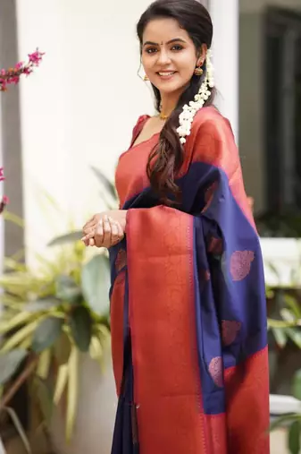 elegance navy blue banarasi art art silk jacquard saree with unstitched blouse