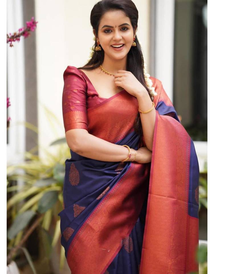 elegance navy blue banarasi art art silk jacquard saree with unstitched blouse