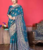 new collection blue  self design cotton silk kerala saree with unstitched blouse