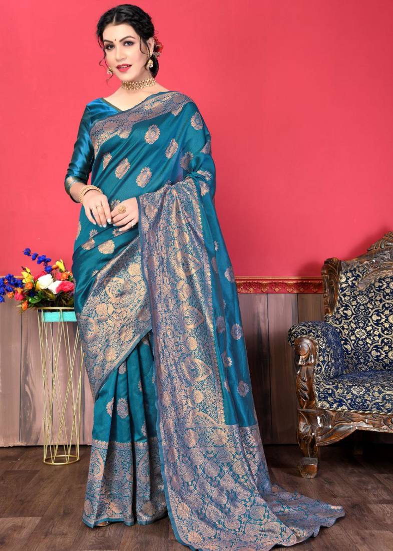 new collection blue  self design cotton silk kerala saree with unstitched blouse