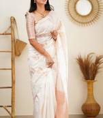 traditional jacquard white self design art silk blend light weight saree with unstitched blouse