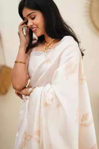  jacquard white self design art silk blend light weight saree with unstitched blouse