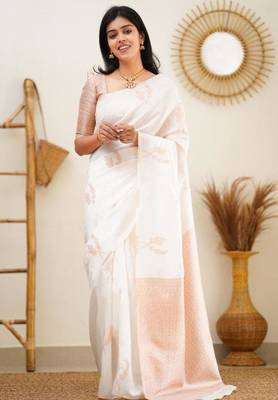  jacquard white self design art silk blend light weight saree with unstitched blouse 3