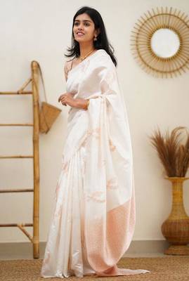  jacquard white self design art silk blend light weight saree with unstitched blouse 4