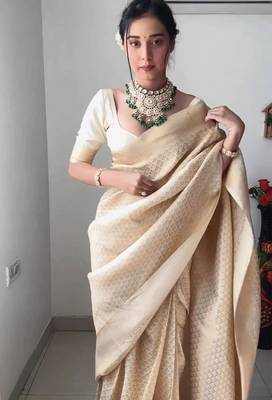 celebrity inspired cream woven pure art silk blend multicolor saree with unstitched blouse 2