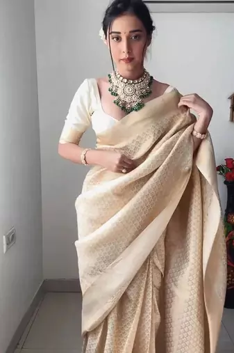 celebrity inspired cream woven pure art silk blend multicolor saree with unstitched blouse