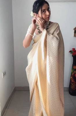 celebrity inspired cream woven pure art silk blend multicolor saree with unstitched blouse 4