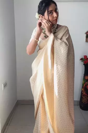 celebrity inspired cream woven pure art silk blend multicolor saree with unstitched blouse