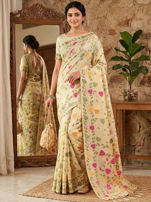 Cream elegant linen cotton saree  lightweight & comfortable ethnic wear 1