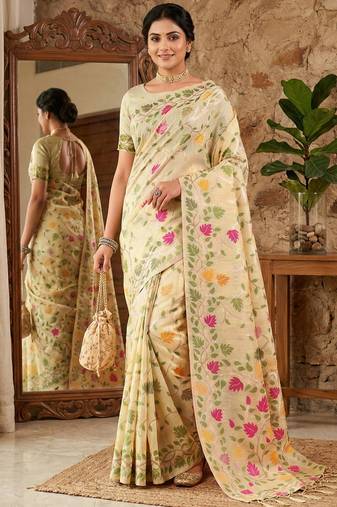Cream elegant linen cotton saree     lightweight & comfortable ethnic wear