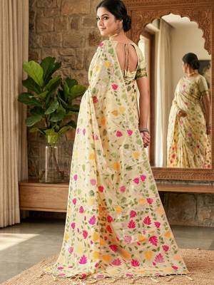 Cream elegant linen cotton saree  lightweight & comfortable ethnic wear 2