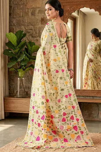 Cream elegant linen cotton saree  lightweight & comfortable ethnic wear