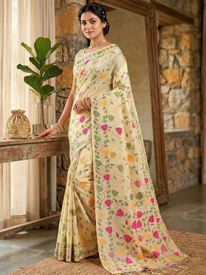 Cream elegant linen cotton saree  lightweight & comfortable ethnic wear 3