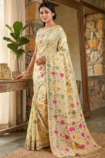 Cream elegant linen cotton saree  lightweight & comfortable ethnic wear