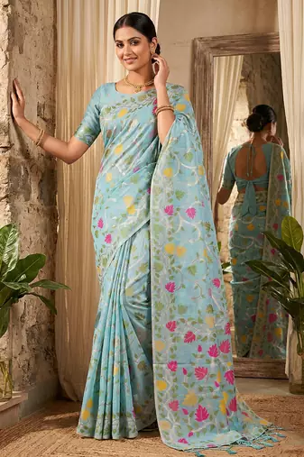Sky blue elegant linen cotton saree     lightweight & comfortable ethnic wear