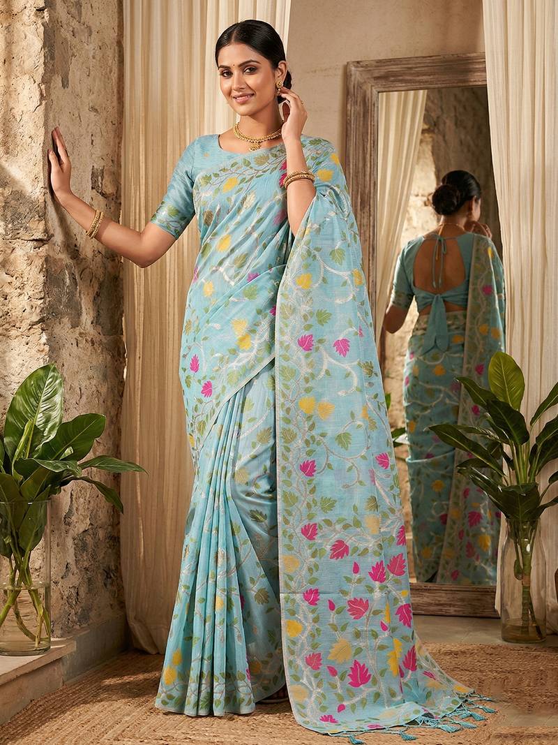 Sky blue elegant linen cotton saree – lightweight & comfortable ethnic wear