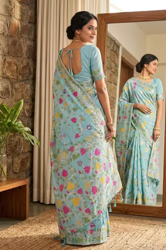 Sky blue elegant linen cotton saree  lightweight & comfortable ethnic wear