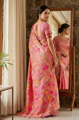 Pink elegant linen cotton saree  lightweight & comfortable ethnic wear