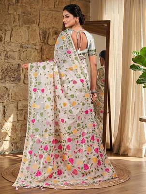 Off white elegant linen cotton saree  lightweight & comfortable ethnic wear 2