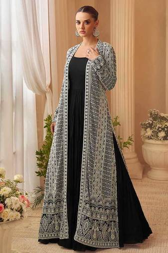 Black chinon silk  gown with jacket semi stitched up to 42" size