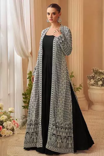 Black chinon silk  gown with jacket semi stitched up to 42" size