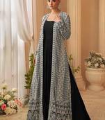 Black chinon silk  gown with jacket semi stitched up to 42" size