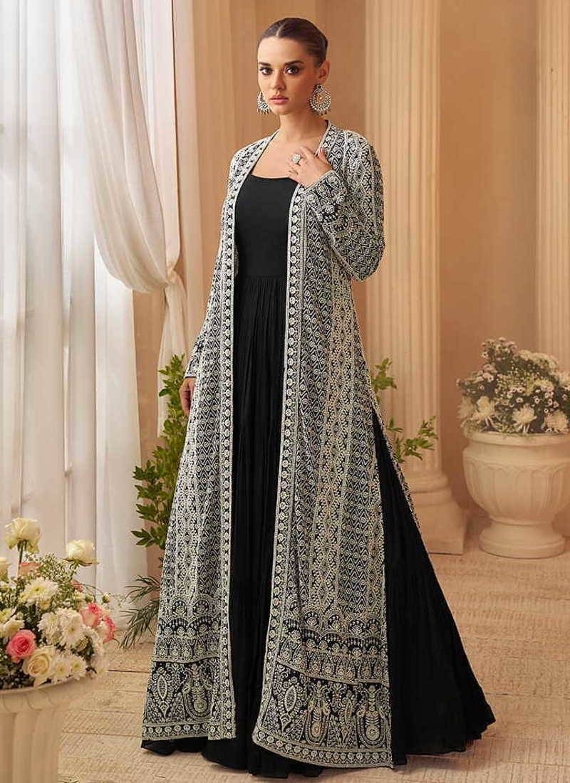 Black chinon silk  gown with jacket semi stitched up to 42" size