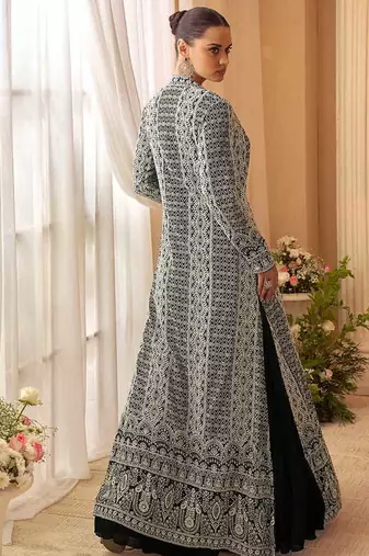 Black chinon silk gown with jacket semi stitched up to 42" size
