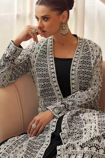 Black chinon silk gown with jacket semi stitched up to 42" size