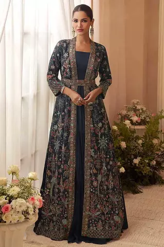 Navy blue chinon silk gown with jacket semi stitched up to 42" size