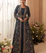 Navy blue chinon silk gown with jacket semi stitched up to 42" size