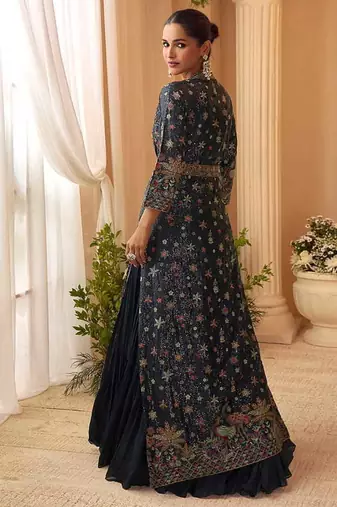 Navy blue chinon silk gown with jacket semi stitched up to 42" size