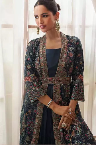 Navy blue chinon silk gown with jacket semi stitched up to 42" size