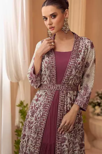 Dark mauve chinon silk gown with jacket semi stitched up to 42" size