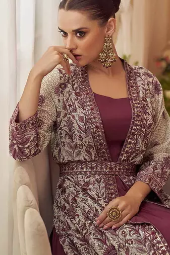 Dark mauve chinon silk gown with jacket semi stitched up to 42" size