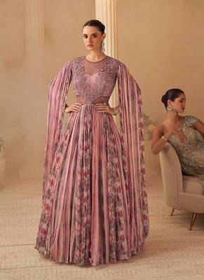 Dusty pink chinon silk sequins cape style gown semi stitched up to 42" size 1