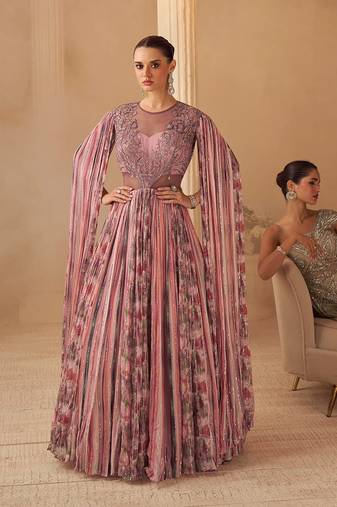 Dusty pink chinon silk sequins cape style gown semi stitched up to 42" size