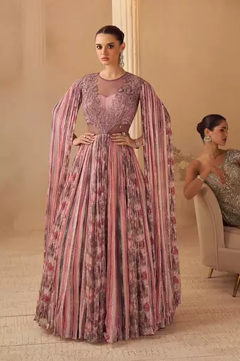 Dusty pink chinon silk sequins cape style gown semi stitched up to 42" size