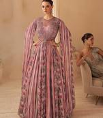 Dusty pink chinon silk sequins cape style gown semi stitched up to 42" size